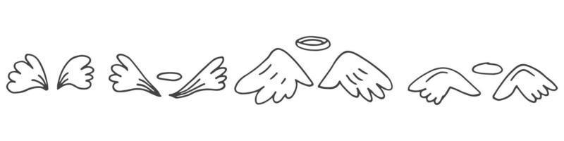 ensemble d'éléments de doodle mignons dessinés à la main sur l'amour. autocollants de message pour les applications. icônes pour la saint valentin, les événements romantiques et le mariage. ailes d'anges avec des auréoles. vecteur