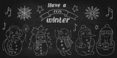 ensemble de bonhommes de neige mignons sur un tableau de craie noire. illustration vectorielle dans un style doodle. humeur d'hiver. bonjour 2023. joyeux noël et bonne année. vecteur