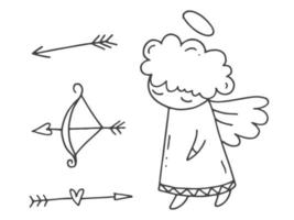 ensemble d'éléments de doodle mignons dessinés à la main sur l'amour. autocollants de message pour les applications. icônes pour la saint valentin, les événements romantiques et le mariage. Cupidon avec un halo et des ailes, des flèches et un arc. vecteur