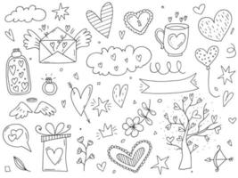 grand ensemble d'éléments de doodle mignons dessinés à la main sur l'amour. autocollants de message pour les applications. icônes pour la saint valentin, les événements romantiques et le mariage. vecteur