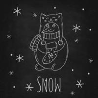 mignon bonhomme de neige avec des flocons de neige sur un tableau noir. illustration vectorielle dans un style doodle. humeur d'hiver. bonjour 2023. joyeux noël et bonne année. vecteur