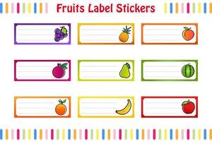autocollants d'étiquettes de fruits, étiquettes de nom d'école, étiquettes rectangulaires vecteur de couleur illustration isolée