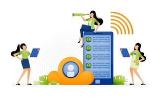 illustration de la facilité de communication avec un smartphone doté de la technologie cloud mobile connecté à une connexion réseau internet. la conception peut être utilisée pour la page de destination, les applications de démarrage, la page Web, les publicités vecteur