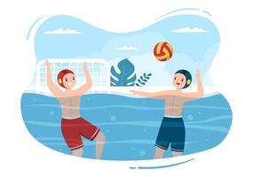 joueur de sport de water-polo jouant pour lancer la balle sur le but de l'adversaire dans la piscine en dessin animé plat illustration de modèles dessinés à la main vecteur