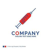 création de logo de nom de société pour seringue. injection. vaccin. aiguille. tir. conception de nom de marque bleu et rouge avec place pour le slogan. modèle de logo créatif abstrait pour petites et grandes entreprises. vecteur