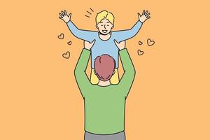 heureux père tenant dans les bras jouant avec un petit fils excité. papa aimant s'amuser le week-end avec un enfant souriant. paternité et parentalité. illustration vectorielle. vecteur