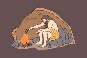 homme des cavernes assis dans la grotte près du feu de joie. personne préhistorique masculine faisant du feu pendant les âges anciens. illustration vectorielle. vecteur