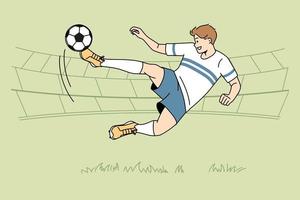 footballeur joueur kick balle sur le terrain. footballeur en uniforme score but en match. concept de sport et de jeu. illustration vectorielle. vecteur