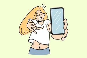 une jeune femme souriante pointant sur l'écran du téléphone portable montre une bonne affaire ou une offre de vente. une fille heureuse présente une nouvelle application sur un smartphone moderne. notion de technologie. illustration vectorielle. vecteur