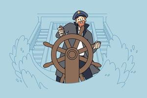 capitaine souriant debout à la roue du navire pendant la tempête de la mer. heureux skipper à la barre du bateau sur les vagues de l'océan. temps de mer et vie marine. illustration vectorielle. vecteur