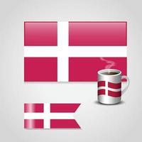 drapeau danemark imprimé sur une tasse à café et un petit drapeau vecteur