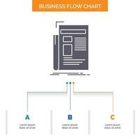 gazette. médias. nouvelles. bulletin. conception d'organigramme d'entreprise de journal en 3 étapes. icône de glyphe pour la place du modèle d'arrière-plan de présentation pour le texte. vecteur