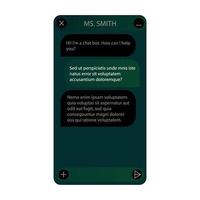 fenêtre du chatbot. mode sombre. interface utilisateur de l'application avec dialogue en ligne. conversation avec un robot assistant vecteur