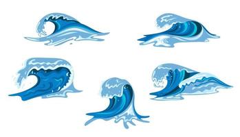 vague de tsumani en style cartoon plat. grande éclaboussure d'eau tropicale bleue avec mousse blanche. illustration vectorielle isolée sur fond blanc vecteur