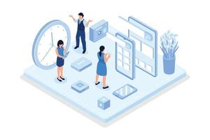 planification de l'horaire, personnages faisant l'horaire à l'aide du calendrier, illustration moderne de vecteur isométrique