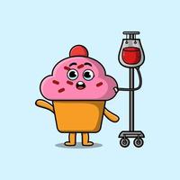 dessin animé mignon de cupcake ayant une transfusion sanguine vecteur