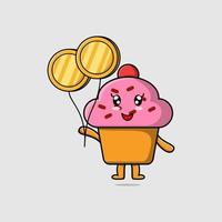 flotteur de cupcake de dessin animé mignon avec ballon de pièce d'or vecteur