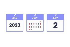 icône de conception de calendrier du 2 juillet. Calendrier 2023, rendez-vous, concept de date importante vecteur