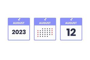 icône de conception de calendrier du 12 août. Calendrier 2023, rendez-vous, concept de date importante vecteur