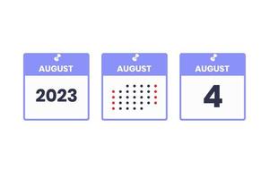 icône de conception de calendrier du 4 août. Calendrier 2023, rendez-vous, concept de date importante vecteur