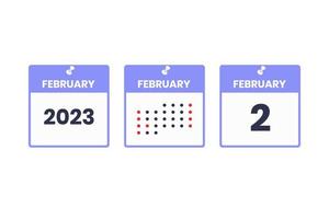 icône de conception de calendrier du 2 février. Calendrier 2023, rendez-vous, concept de date importante vecteur
