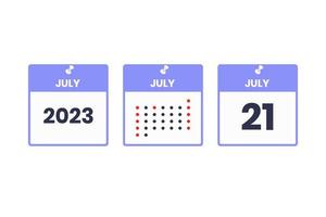 icône de conception de calendrier du 21 juillet. Calendrier 2023, rendez-vous, concept de date importante vecteur