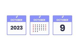 icône de conception de calendrier du 9 octobre. Calendrier 2023, rendez-vous, concept de date importante vecteur