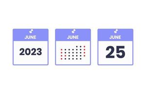 icône de conception de calendrier du 25 juin. Calendrier 2023, rendez-vous, concept de date importante vecteur