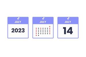 icône de conception de calendrier du 14 juillet. Calendrier 2023, rendez-vous, concept de date importante vecteur