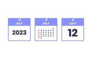 icône de conception de calendrier du 12 juillet. Calendrier 2023, rendez-vous, concept de date importante vecteur