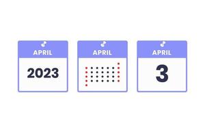 icône de conception de calendrier du 3 avril. Calendrier 2023, rendez-vous, concept de date importante vecteur
