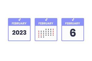 icône de conception de calendrier du 6 février. Calendrier 2023, rendez-vous, concept de date importante vecteur
