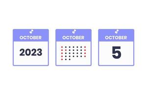 icône de conception de calendrier du 5 octobre. Calendrier 2023, rendez-vous, concept de date importante vecteur