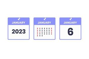icône de conception de calendrier du 6 janvier. Calendrier 2023, rendez-vous, concept de date importante vecteur