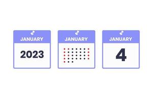 icône de conception de calendrier du 4 janvier. Calendrier 2023, rendez-vous, concept de date importante vecteur