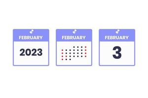 icône de conception de calendrier du 3 février. Calendrier 2023, rendez-vous, concept de date importante vecteur