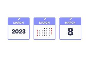 icône de conception de calendrier du 8 mars. Calendrier 2023, rendez-vous, concept de date importante vecteur