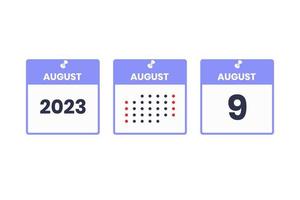 icône de conception de calendrier du 9 août. Calendrier 2023, rendez-vous, concept de date importante vecteur