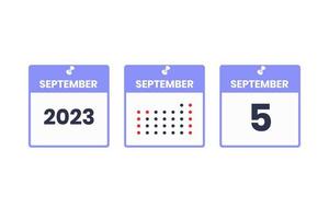 icône de conception de calendrier du 5 septembre. Calendrier 2023, rendez-vous, concept de date importante vecteur