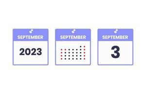 icône de conception de calendrier du 3 septembre. Calendrier 2023, rendez-vous, concept de date importante vecteur