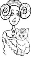 dessin animé femme caressant un chat sur ses genoux coloriage vecteur