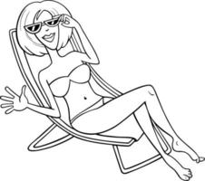 personnage de dessin animé femme sur une chaise de plage coloriage vecteur
