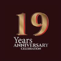Logo anniversaire 19 ans couleur or et rouge isolé sur fond élégant, création vectorielle pour carte de voeux et carte d'invitation vecteur