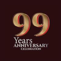 Logo du 99e anniversaire couleur or et rouge isolé sur fond élégant, création vectorielle pour carte de voeux et carte d'invitation vecteur