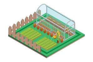 serre isométrique avec parois vitrées, fondations, toit à pignon, lit de jardin. ferme de masse pour la culture de plantes. adapté aux diagrammes, infographies, illustrations de livres, ressources de jeu et autres graphiques liés vecteur