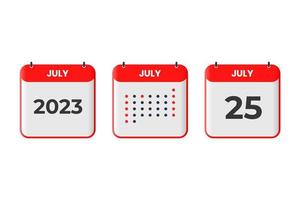 icône de conception de calendrier du 25 juillet. Calendrier 2023, rendez-vous, concept de date importante vecteur