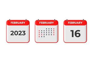icône de conception de calendrier du 16 février. Calendrier 2023, rendez-vous, concept de date importante vecteur