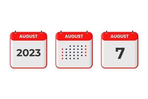 icône de conception de calendrier du 7 août. Calendrier 2023, rendez-vous, concept de date importante vecteur
