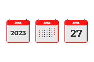 icône de conception de calendrier du 27 juin. Calendrier 2023, rendez-vous, concept de date importante vecteur