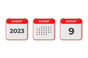 icône de conception de calendrier du 9 août. Calendrier 2023, rendez-vous, concept de date importante vecteur